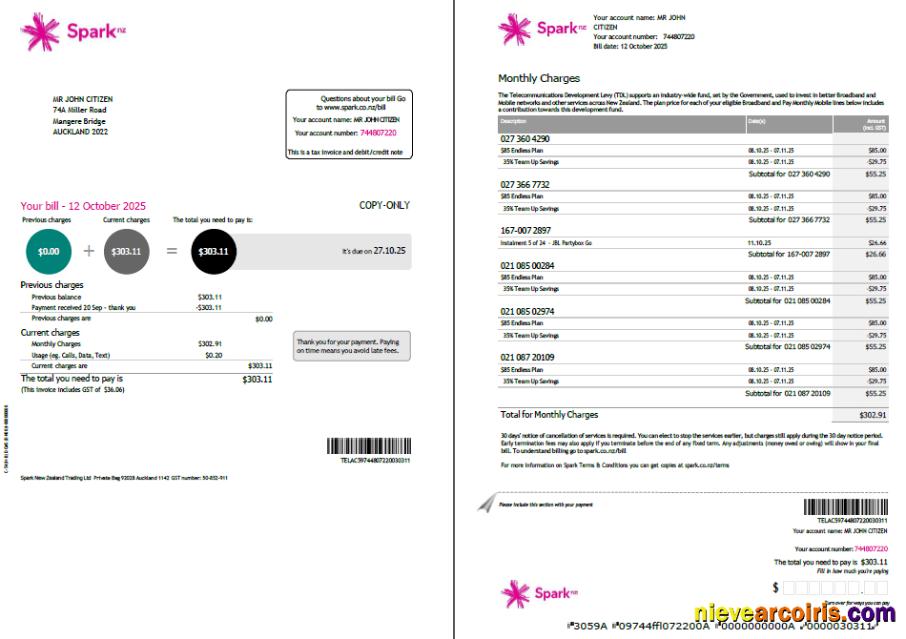 New Zealand Spark utility bill, 2 pages, version 2
